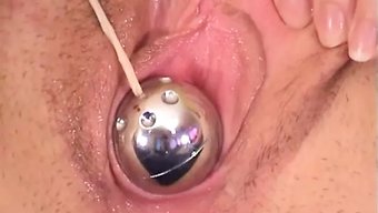 粉色的阴部被性玩具双重插入